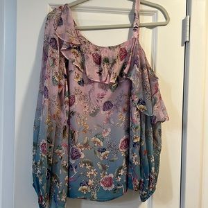 Nanette Lepore Couture, NWOT, Ombre, one shoulder lilac and blue floral blouse